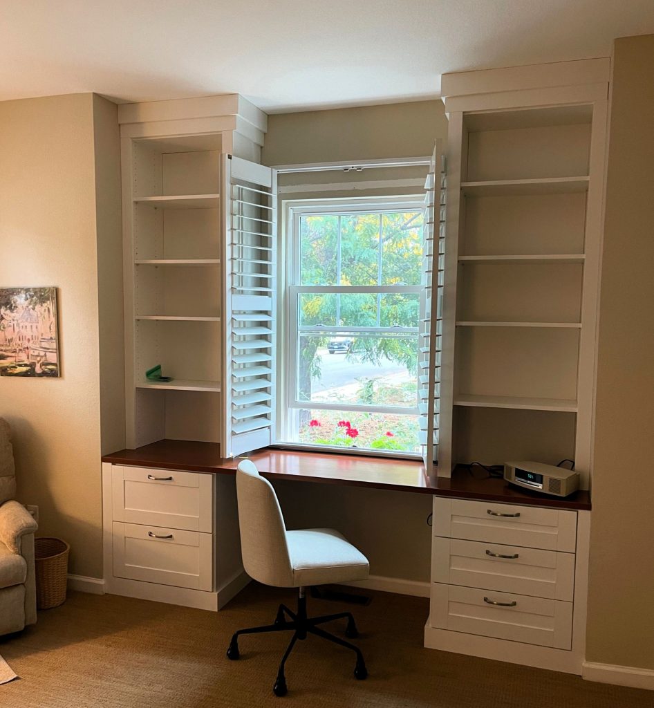 Built-in desk and shelving designed and installed for Longmont home