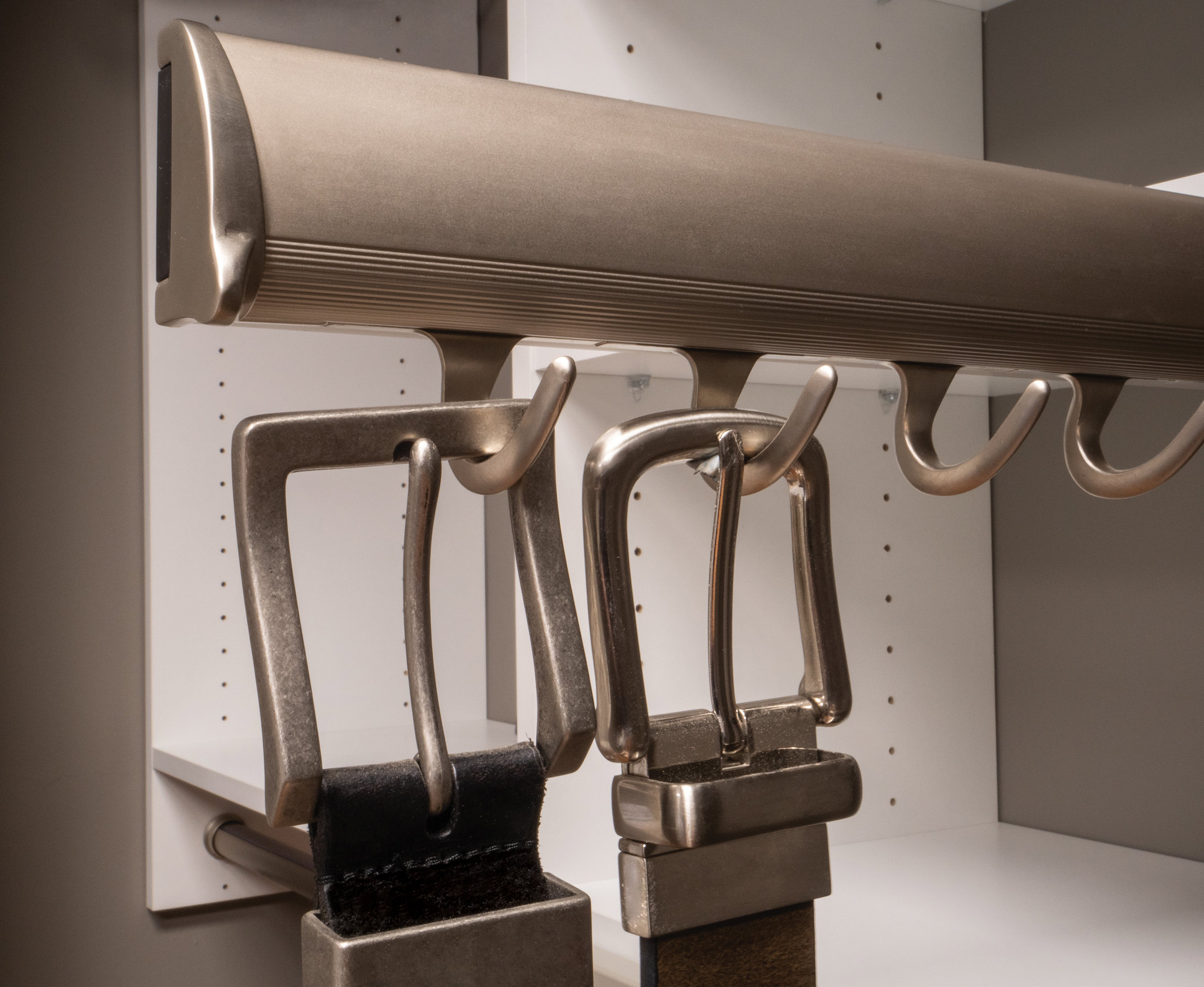 A clever pull-out belt rack accessory in a custom closet, providing organized and accessible storage for multiple men's leather belts.